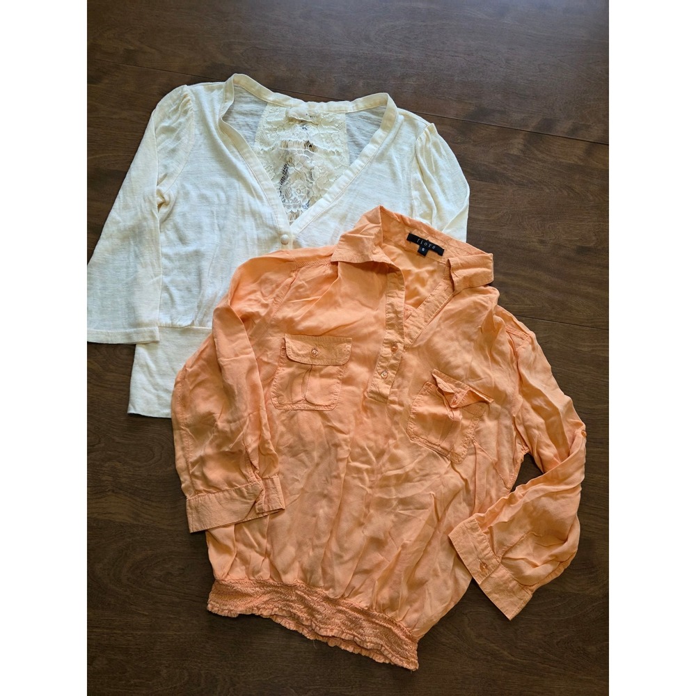 Fiore Peach Cotton Smocked Blouse & Cream Lace Back Cardigan Set Size S casual